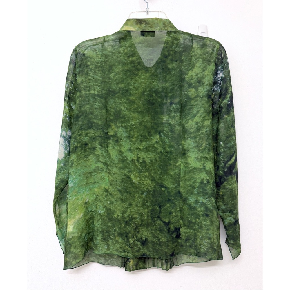 Akris Tree Forest Print Silk Chiffon Blouse Top Pleated Green Foliage Floral 8 - Picture 10 of 16